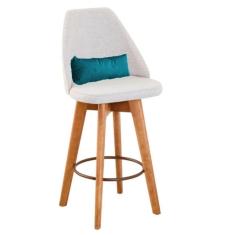 Imagem de Banqueta Com Encosto Linho Bege E Almofada Azul Turquesa