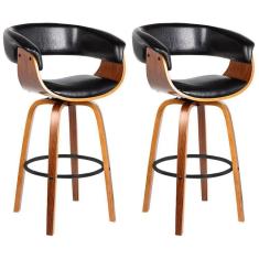 Imagem de Kit 2 Banquetas Giratória Alta Com Encosto Base Madeira Ravi R02 Pu Preto - Mpozenato