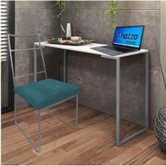 Imagem de Kit Escritório Stark Cadeira e Mesa Industrial Ferro Prata Tampo MDF Branco Suede Azul Turquesa - Ahz Móveis