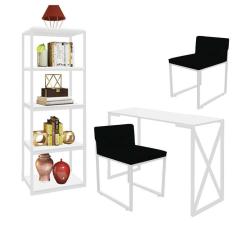 Imagem de Kit Escritório Bex 2 Cadeiras Suede Preto com 1 Mesa e 1 Livreiro Ferro Branco MDF Branco - Ahazzo Móveis