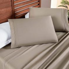 Imagem de Jogo Cama Lençol Honore Solteiro Micro Percal 200 Fios c/ Detalhes Bordados 3 Peças - Taupe Bege