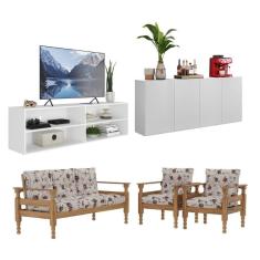Imagem de Rack Tv 75 Com Aparador E Jogo De Sofá Multimóveis Cr45236 Branco imbuia floral Rosa