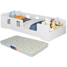 Imagem de Cama Infantil Montessoriana com Grade Proteção e Prateleira Com Colchão Manu Branco