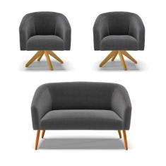 Imagem de Kit 1 Sofá Namoradeira e 2 Poltronas Stella Bouclê Grafite Base de Mad