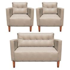 Imagem de Kit 1 Sofá Namoradeira E 2 Poltronas Livia Corino Pés Chanfrado Castanho D`rossi Cor Bege