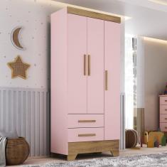 Imagem de Guarda Roupa Infantil 3 Portas e 2 Gavetas Tic Tac Rosa Fosco/Marrom