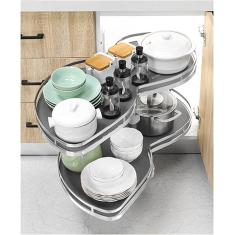 Imagem de Armário de cozinha Prateleiras removíveis de canto cego Rack de armazenamento em carrossel Bandeja giratória de 2 camadas Organizador removível Prateleira de canto giratória ajustável em alt