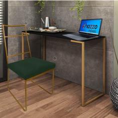Imagem de Kit Escritório Stark Cadeira e Mesa Industrial Ferro Dourado Tampo MDF Rústico Suede Verde Escuro - Ahz Móveis