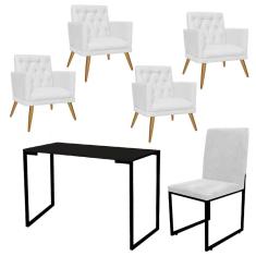 Imagem de Kit Escritório Stan 4 Poltronas Maria com Cadeira e Mesa Industrial Tampo Preto Corino Branco - Ahz Móveis