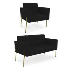 Imagem de Sofá Namoradeira E Poltrona Base Pé De Ferro Dourado Elisa Linho D03 - D'rossi Cor A79 Preto