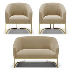 Imagem de Namoradeira E 2 Poltronas Base Industrial Dourado Stella Suede Marrom Rato D03 - D`rossi