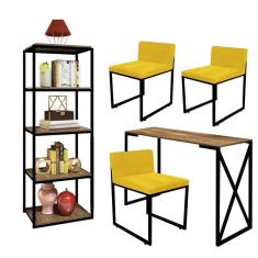 Imagem de Kit Escritório Bex 3 Cadeiras Corino Amarelo com 1 Mesa e 1 Livreiro Ferro Preto MDF Caramelo - Ahazzo Móveis