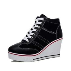Imagem de Mei MACLEOD Tênis feminino plataforma plataforma salto alto botas de cano curto casual sapatos de lona, Preto, 35