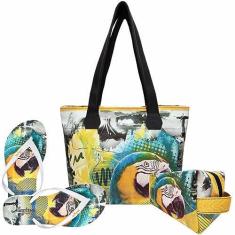 Imagem de Kit Tropical Feminino Arara Brasil com Bolsa, Necessaire e Chinelo Magicc Bolsas KIT-045