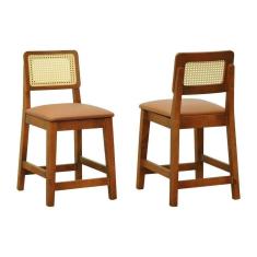 Imagem de Kit 2 Banquetas Baixa-cadeira Gabi Madeira Maciça Encosto Telinha - Amêndoa Assento Estofado Corano Caramelo