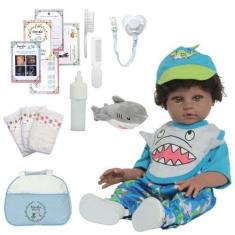 Imagem de Boneco Reborn Realista Negro Roupa Tubarão Bolsa Acessórios - Cegonha 