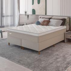 Imagem de Cama Box Queen Size Umaflex Milão Bipartida com Revestimento em Malha + Colchão com Euro Pillow e Molas Ensacadas 30x158x198cm – Bege e Branca