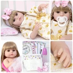 Imagem de Boneca Bebe Reborn Menina Loira Com Chupeta 13 Acessórios