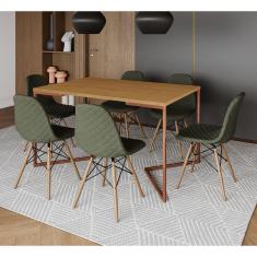 Imagem de Mesa Industrial Retangular Canela Base V Cobre 137x90cm com 6 Cadeiras Madeira Estofadas Verdes