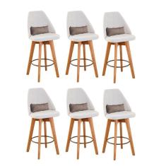 Imagem de Kit 06 Banquetas Alta Maya Giratória Com Encosto Linho Bege Claro e Almofada Corino Bege - Aurora Line