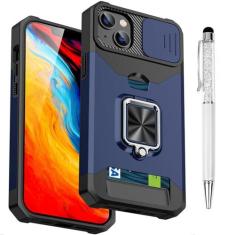 Imagem de Capa de TPU compatível com iPhone 15 Plus com protetor de câmera | Suporte de anel giratório de 360° | Capa de lente deslizante resistente a impactos | Capa protetora com suporte para cartão magnético