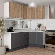 Imagem de Cozinha Modulada 6 Peças com Tampo e Rodapé 3 Aéreos e 3 Balcões Ipanema Cabecasa Madeiramadeira Grafite Trama/acácia