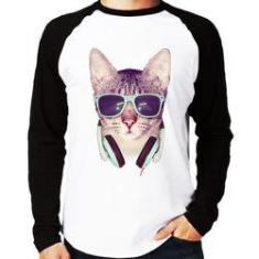 Imagem de Camiseta Raglan Gato Headphone Manga Longa - Foca Na Moda
