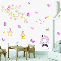 Imagem de Adesivo de Parede Infantil Árvore Menina Flores e Borboletas