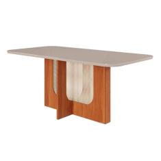 Imagem de Mesa p/ Cozinha Louise c/ Tampo Madeirado c/ Vidro 180x90cm Cinamomo/Off White - Cimol