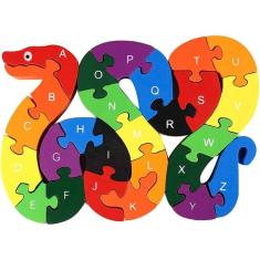 Imagem de lovestown Alphabet Jigsaw Puzzle Building Blocks Quebra-cabeça de madeira animal, letras de serpente de madeira Brinquedos de blocos de números para b