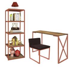 Imagem de Kit Escritório Bex 1 Cadeira Suede Marrom com 1 Mesa e 1 Livreiro Ferro Bronze MDF Freijó - Ahazzo Móveis