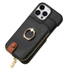 Imagem de Carteira de couro com zíper e porta-cartões capa de telefone para iPhone 13 12 Mini 15 14 11 Pro Max XS XR X 7 8 Plus Capa com suporte de anel, preta, para iPhone 15 Pro