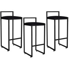 Imagem de Kit 03 Banquetas Altas Para Cozinha Sala de Jantar Hanna L02 Preto Suede Preto - Lyam Decor