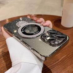 Imagem de Caso de carregamento sem fio de luxo para iphone 11 12 13 14 15 pro max plus glitter anel magnético suporte capa transparente, cinza, para iphone 12