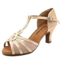 Imagem de Prodrelo Tênis feminino de dança de malha, cetim nude, salsa, latino, swing com strass, tira em T, bico aberto, para baile/casamento/festa/formal, Cor da pele -- sola de camurça com salto de 5 cm, 35