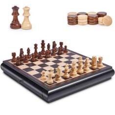 Imagem de Conjunto de jogos de damas de xadrez VAMSLOVE, tabuleiro de madeira 15