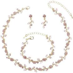 Imagem de Enrwin Elegante dama de honra marquesa de dama de honra austríaco cristal strass flor folha colar brincos pendentes pulseira tênis conjuntos de joias para festa formatura, Metal, Cristal