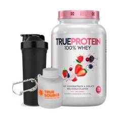 Imagem de True Protein 100% Whey 874g + Chaveiro Porta Whey Protein Mini Pote Branco + Coqueteleira - True Source (Red Berries)