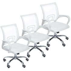 Imagem de Kit 3 Cadeiras de Escritório Mesh Assento Estofado Base Giratória 9050 - Branca