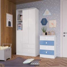 Imagem de Quarto de Bebê Completo com Guarda-Roupa e Cômoda 376993 Espresso Móveis Branco/Azul