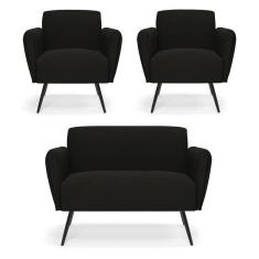 Imagem de Sofá Namoradeira Com 2 Poltronas Pés Palito De Ferro Bruna Suede - D`rossi Cor Preto