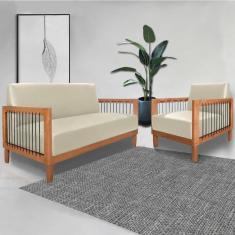 Imagem de Conjunto Sofá Namoradeira E Poltrona Sala De Estar Pés Madeira Maciça Corda Náutica Preta Manila Pu Bege