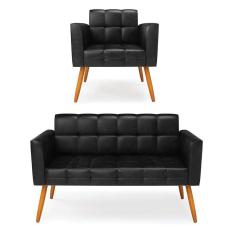Imagem de Kit 1 Sofá Namoradeira E 1 Poltrona Elisa Corano Preto Pés Palito Castanho - D`rossi