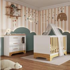Imagem de Quarto de Bebê Cômoda 1 Porta com Janela e Berço Minicama 100% Mdf Liam Espresso Móveis Branco Brilho/Amêndoa