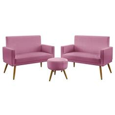 Imagem de Kit 2 Poltronas Namoradeiras Decorativas Estofadas Vega Com Rodapé e Puff Solar Sued Rosê Aradecor