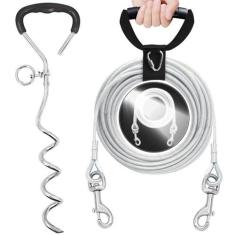 Imagem de Cabo de amarração para cães e estaca com alça antiembaraço, corrente de coleira refletiva para quintal de 9,5 m para acampamento no quintal, guia de cachorro e âncora de solo para cães médios e
