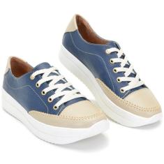 Imagem de Tênis Feminino Couro Sola Alta Plataforma Azul Marinho com Bege Confortável-Feminino