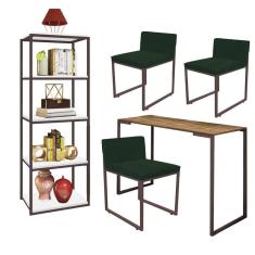Imagem de Kit Escritório Ravi 3 Cadeiras Suede Verde com 1 Mesa e 1 Livreiro Ferro Marrom MDF Carvalho - Ahazzo Móveis