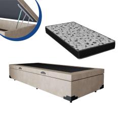 Imagem de Cama Box Baú Solteiro Colchão Espuma D33 Bordado + Box Suede Bege Sp Móveis 62x78x188
