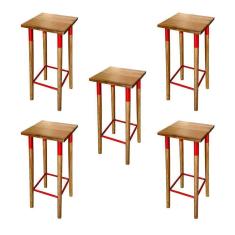 Imagem de Kit 5 Banquetas Bistro Industrial Colors Ferro E Madeira Maciça - Vermelha Vermelho